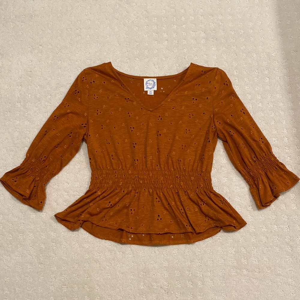 Francesca’s blue rain orange eyelet smocked blouse